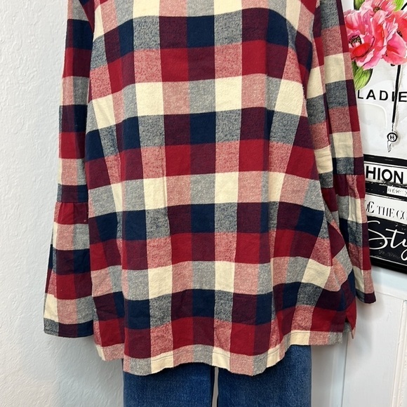 Hatch Plaid Flannel Button Back 3/4 Bell Sleeve Top O/S - Picture 6 of 10